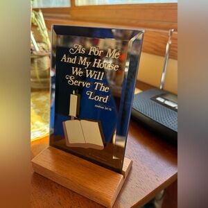Religious Glass mirrored Plaque with Candle & Bible -